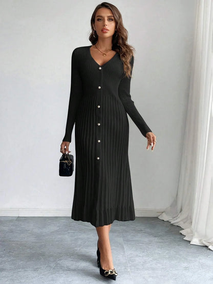 V-Neck Ruffle Hem Knit Sweater Dress