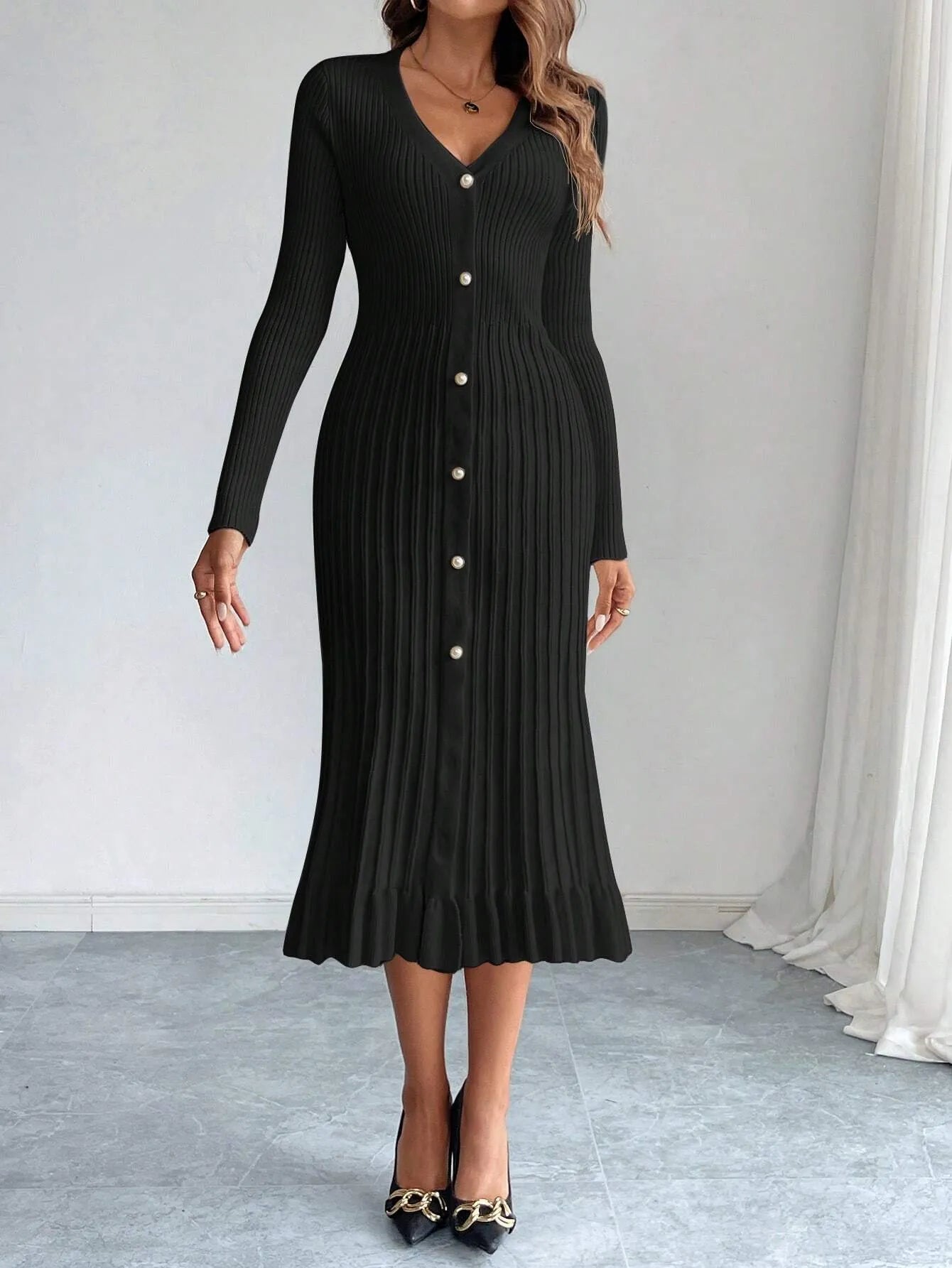 V-Neck Ruffle Hem Knit Sweater Dress
