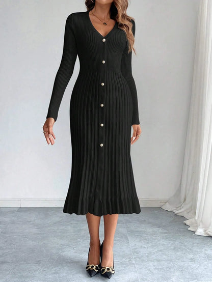 V-Neck Ruffle Hem Knit Sweater Dress
