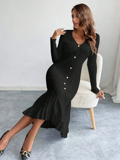 V-Neck Ruffle Hem Knit Sweater Dress
