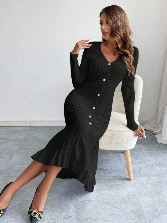 V-Neck Ruffle Hem Knit Sweater Dress