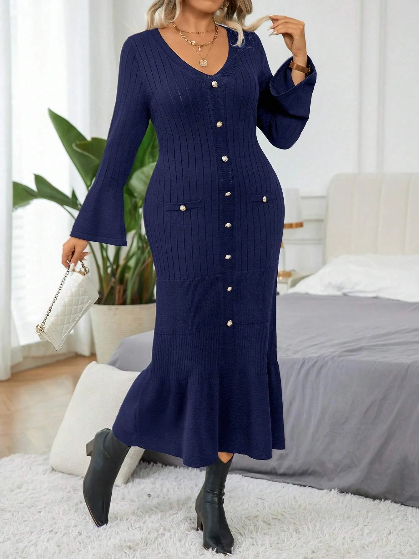 Elegant  Flare Sleeve Sweater  Dress