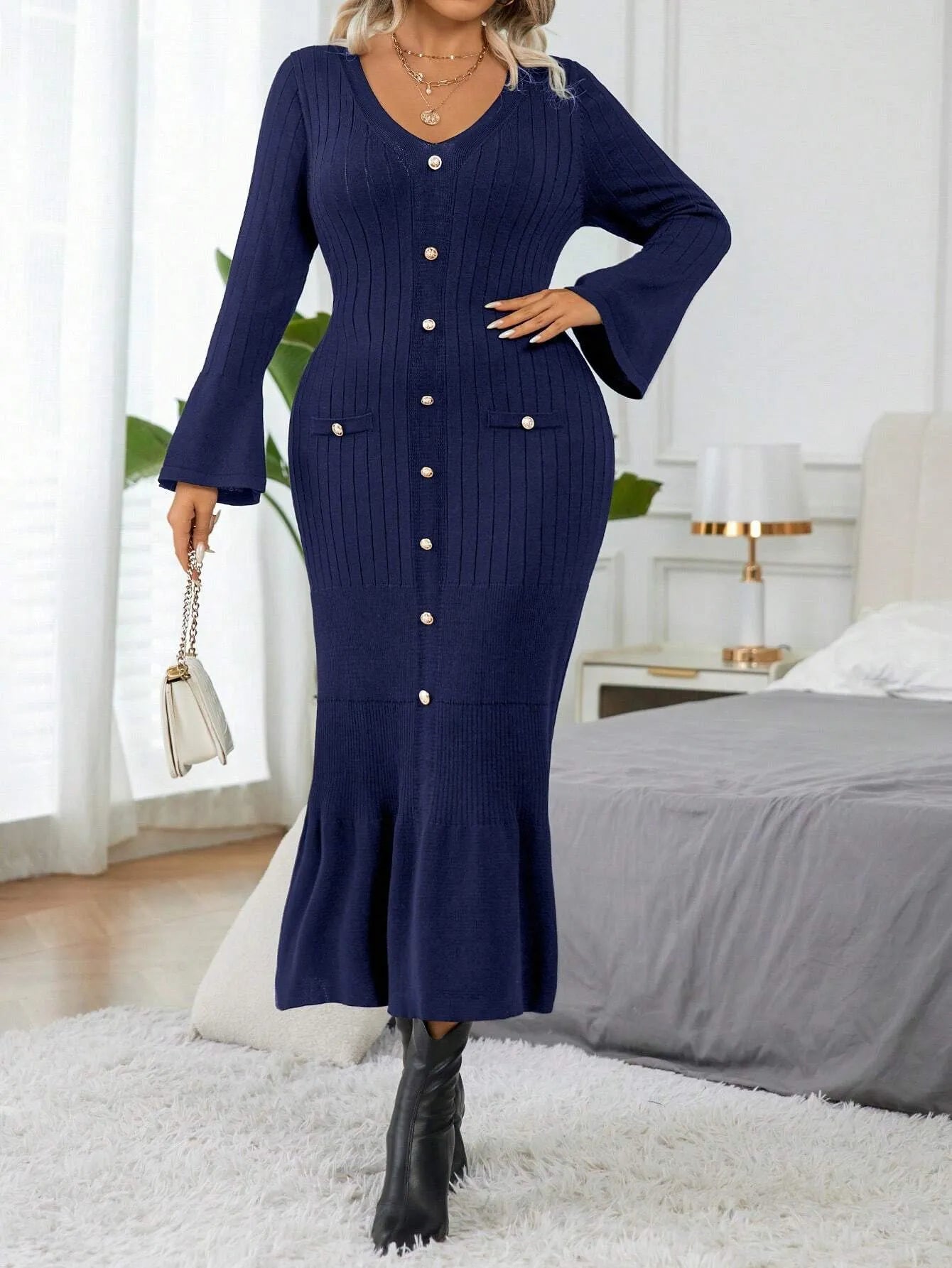 Elegant  Flare Sleeve Sweater  Dress