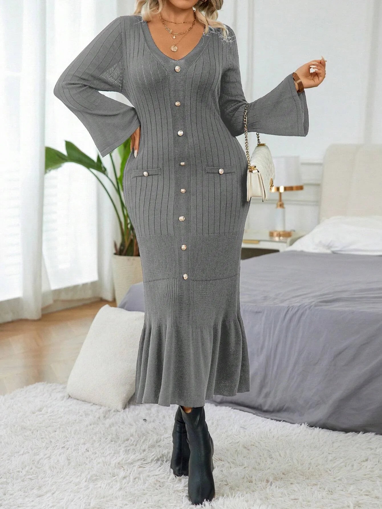 Elegant  Flare Sleeve  Sweater Dress