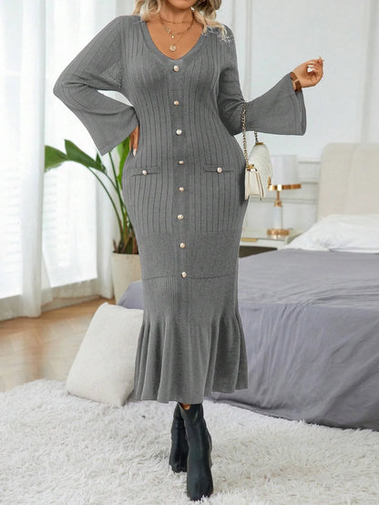 Elegant  Flare Sleeve  Sweater Dress