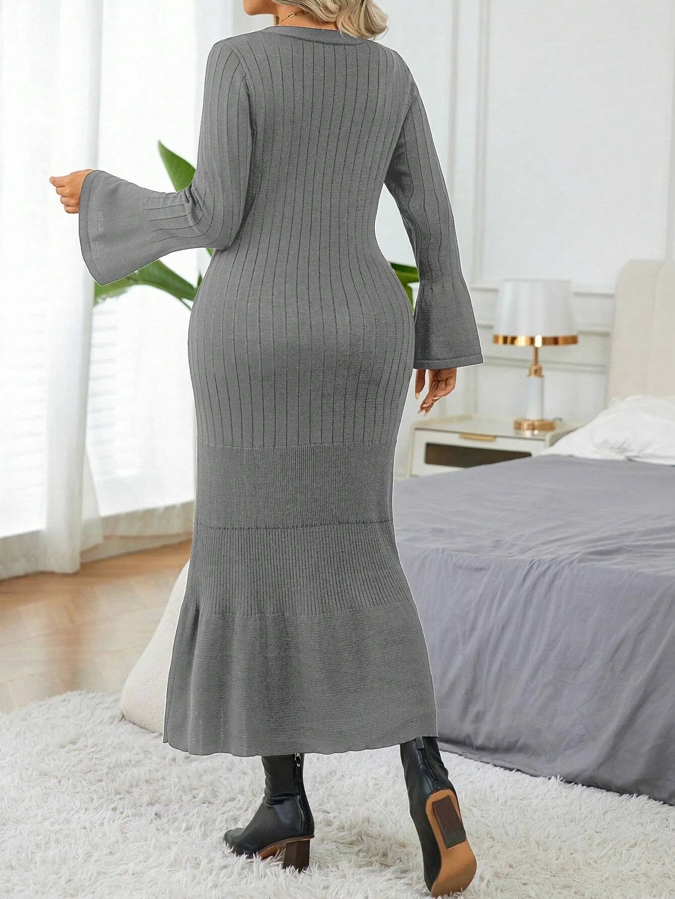 Elegant  Flare Sleeve  Sweater Dress