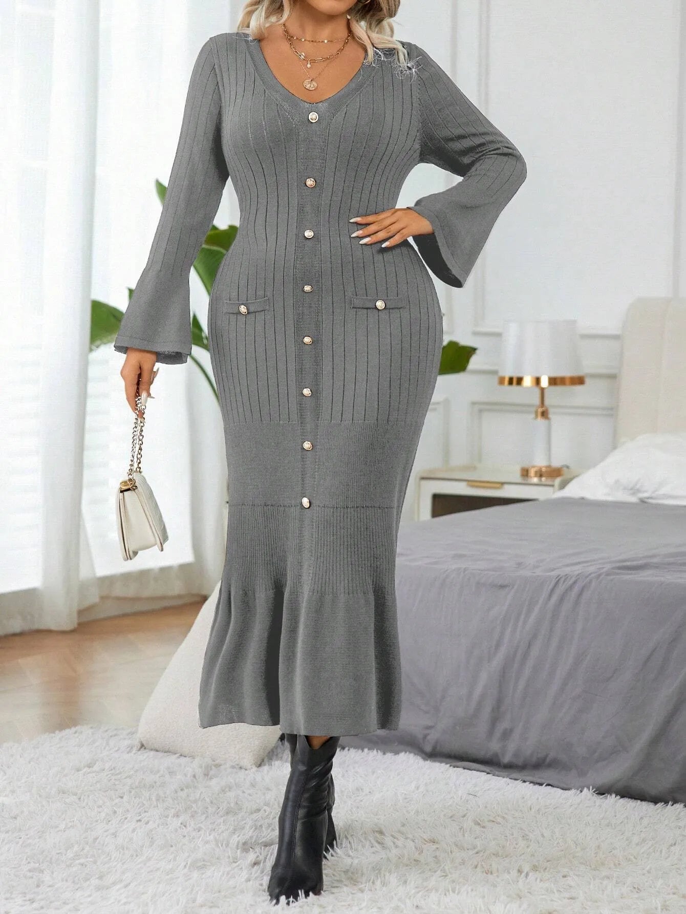 Elegant  Flare Sleeve  Sweater Dress