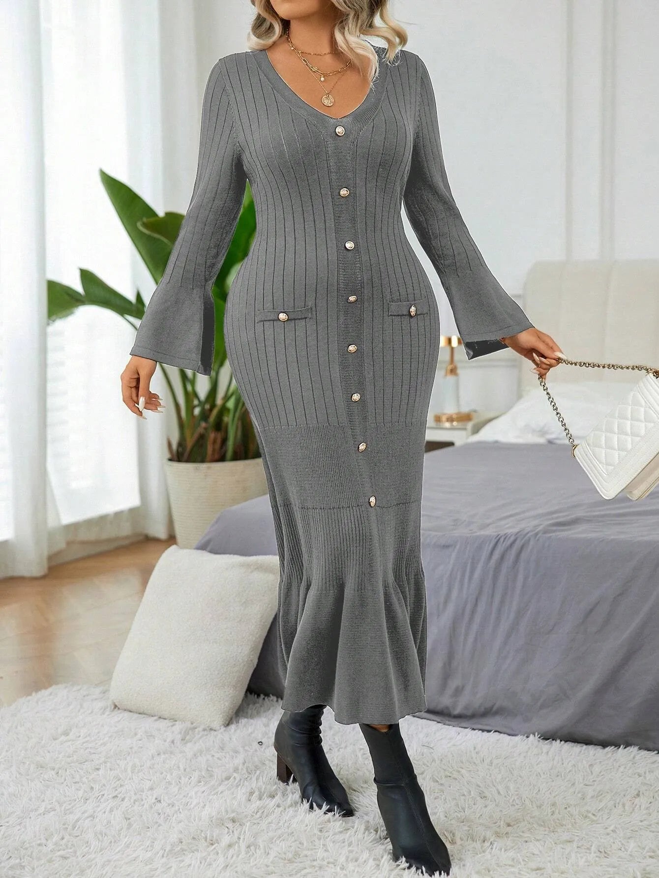 Elegant  Flare Sleeve  Sweater Dress