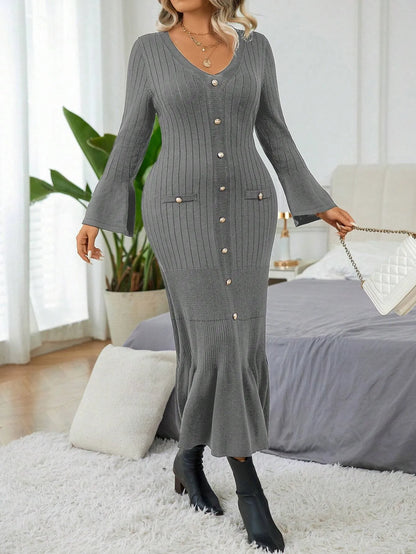Elegant  Flare Sleeve  Sweater Dress