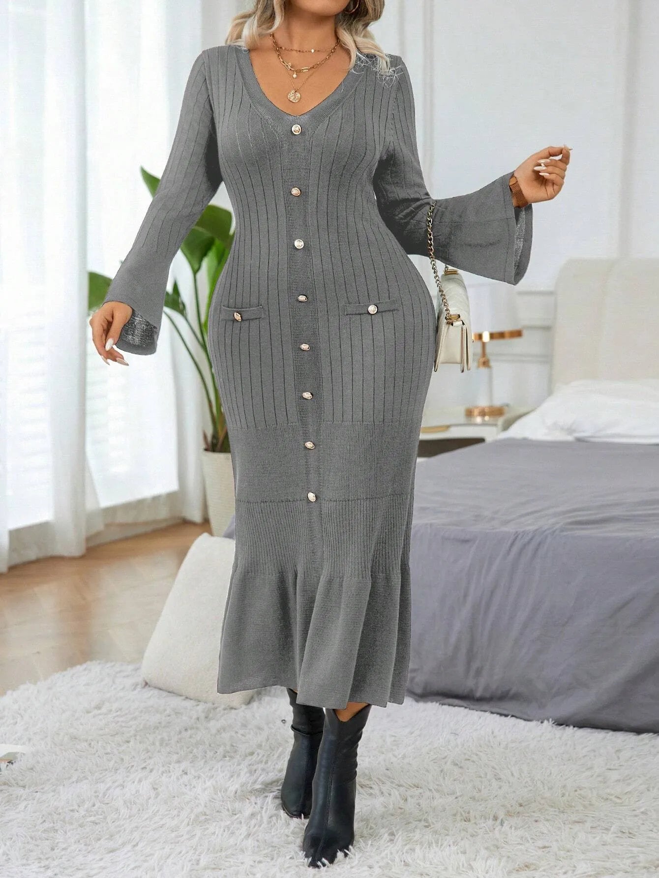 Elegant  Flare Sleeve  Sweater Dress