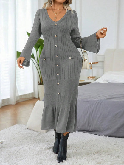 Elegant  Flare Sleeve  Sweater Dress