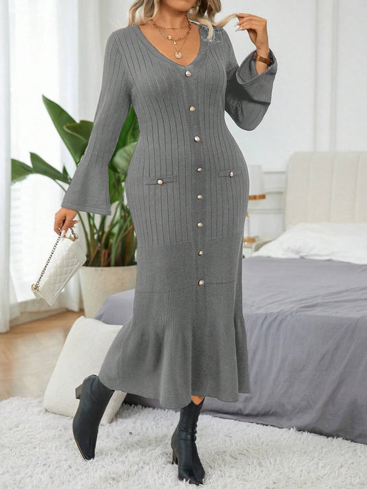 Elegant  Flare Sleeve  Sweater Dress