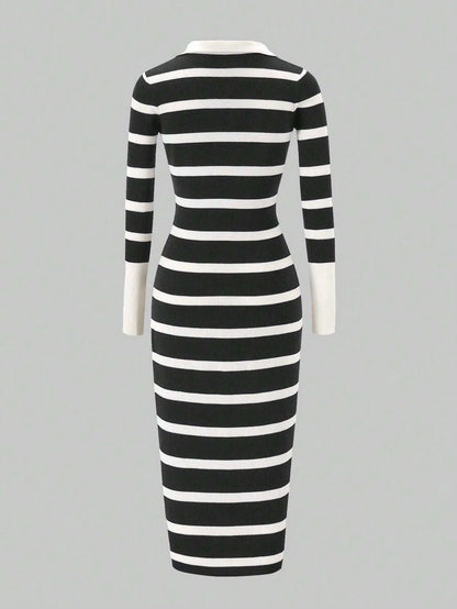 Lapel Collar Striped Slim Fit Dress