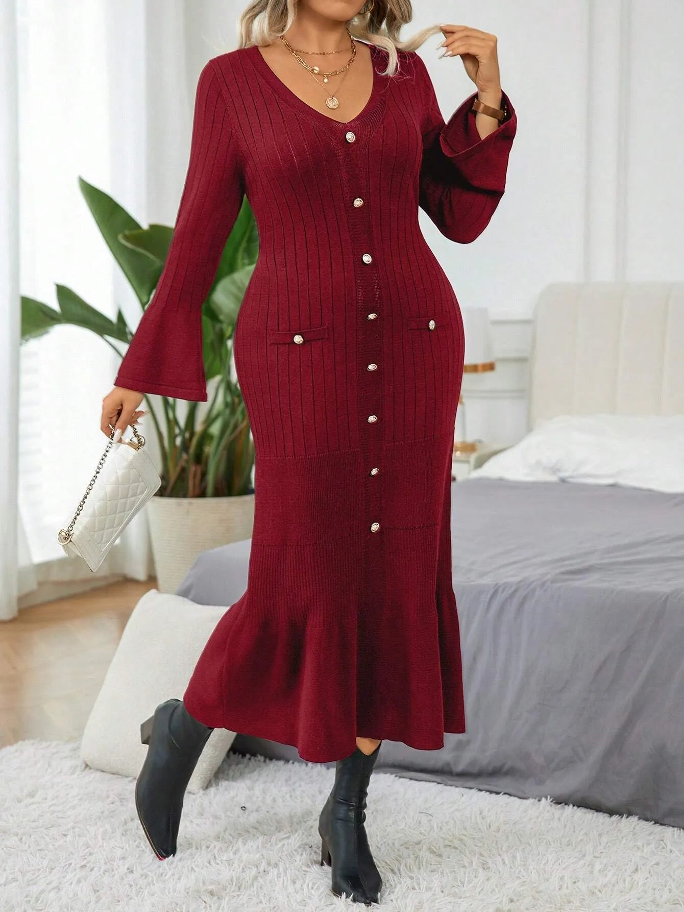 Elegant  Flare Sleeve  Sweater Dress