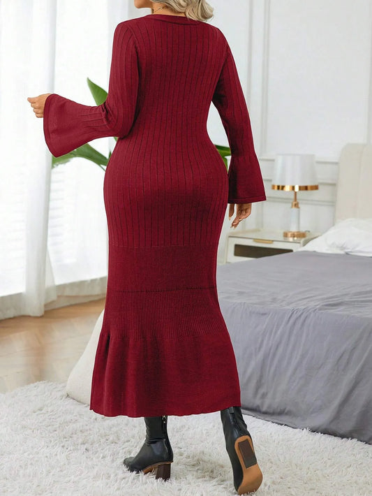 Elegant  Flare Sleeve  Sweater Dress