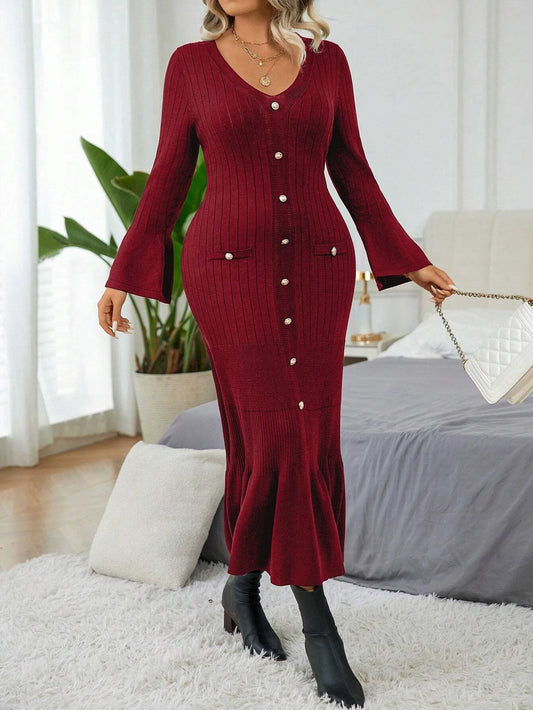 Elegant  Flare Sleeve  Sweater Dress
