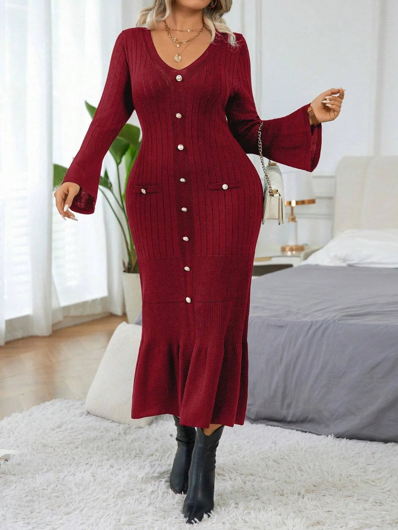 Elegant  Flare Sleeve  Sweater Dress