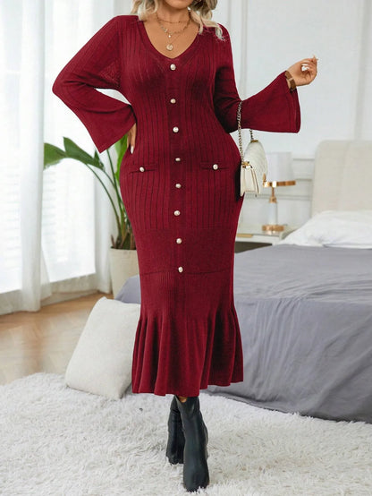 Elegant  Flare Sleeve  Sweater Dress