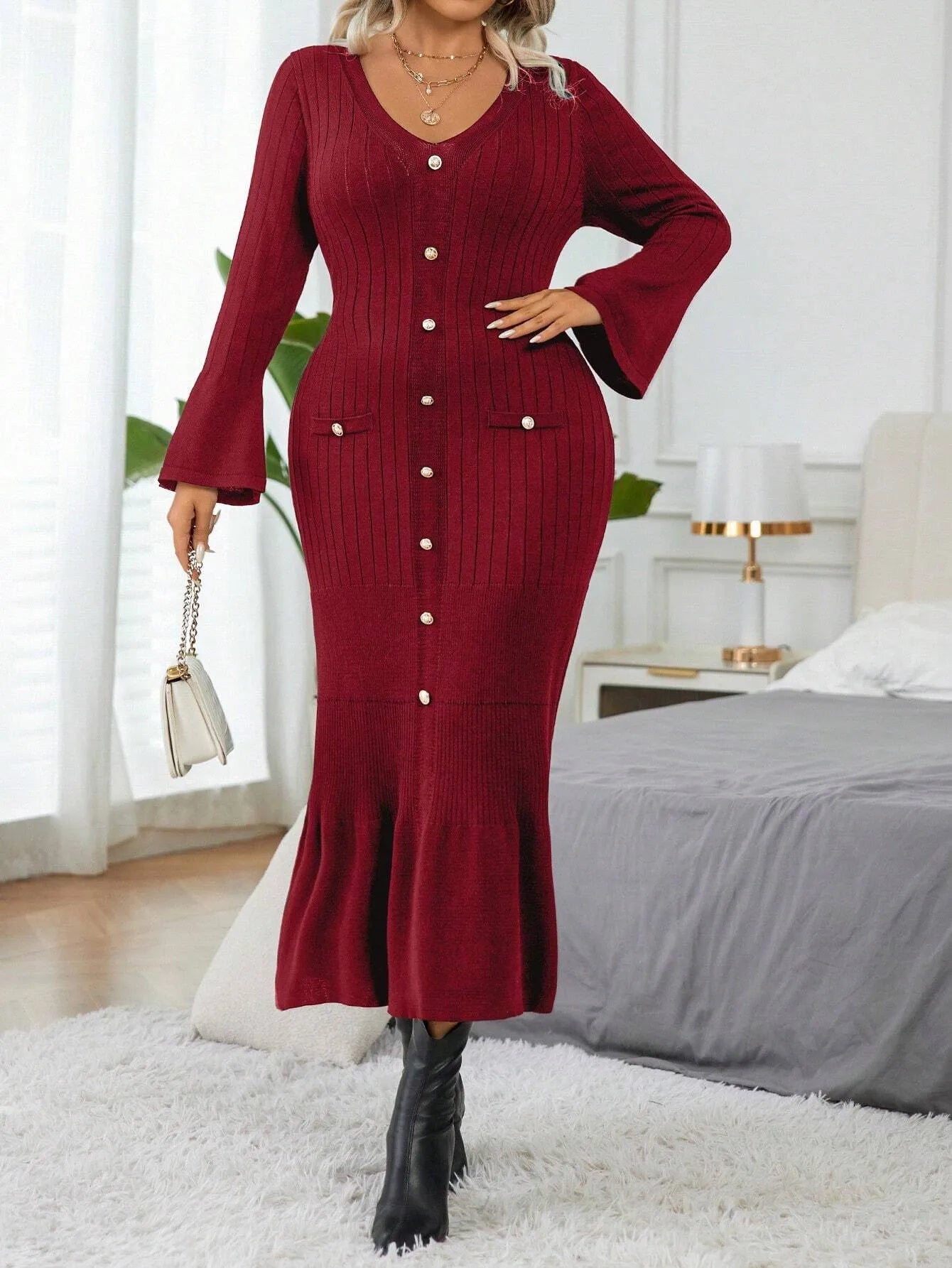 Elegant  Flare Sleeve  Sweater Dress