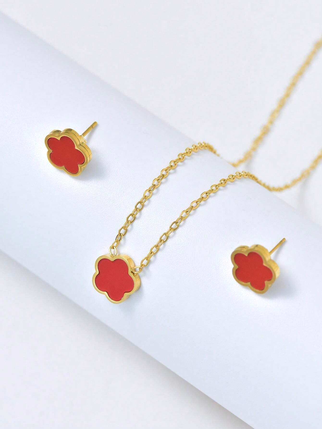 Lucky Flower Clover Necklace & Earrings
