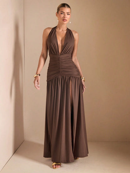 Minimalist Elegant Plunging V-Neck Backless High Slit Long Dress