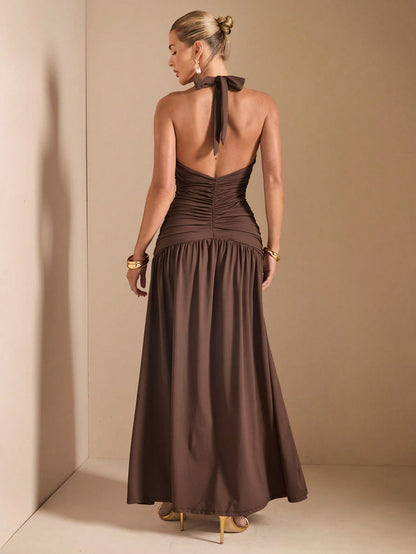 Minimalist Elegant Plunging V-Neck Backless High Slit Long Dress