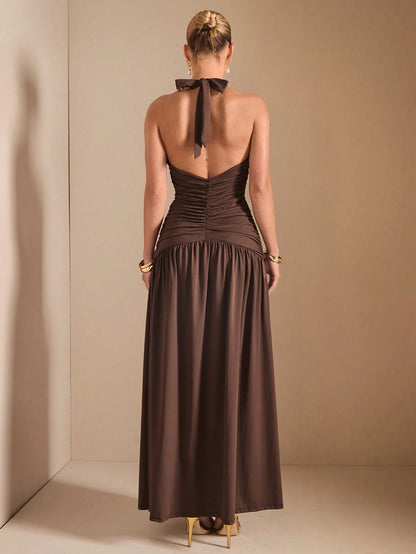 Minimalist Elegant Plunging V-Neck Backless High Slit Long Dress
