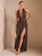 Minimalist Elegant Plunging V-Neck Backless High Slit Long Dress