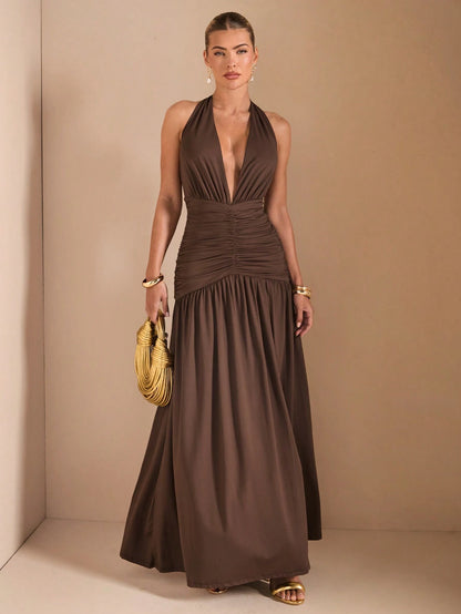 Minimalist Elegant Plunging V-Neck Backless High Slit Long Dress