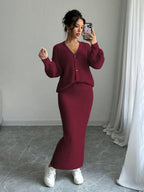 Plain Front Button Long Sleeve Casual Top And Skirt Set