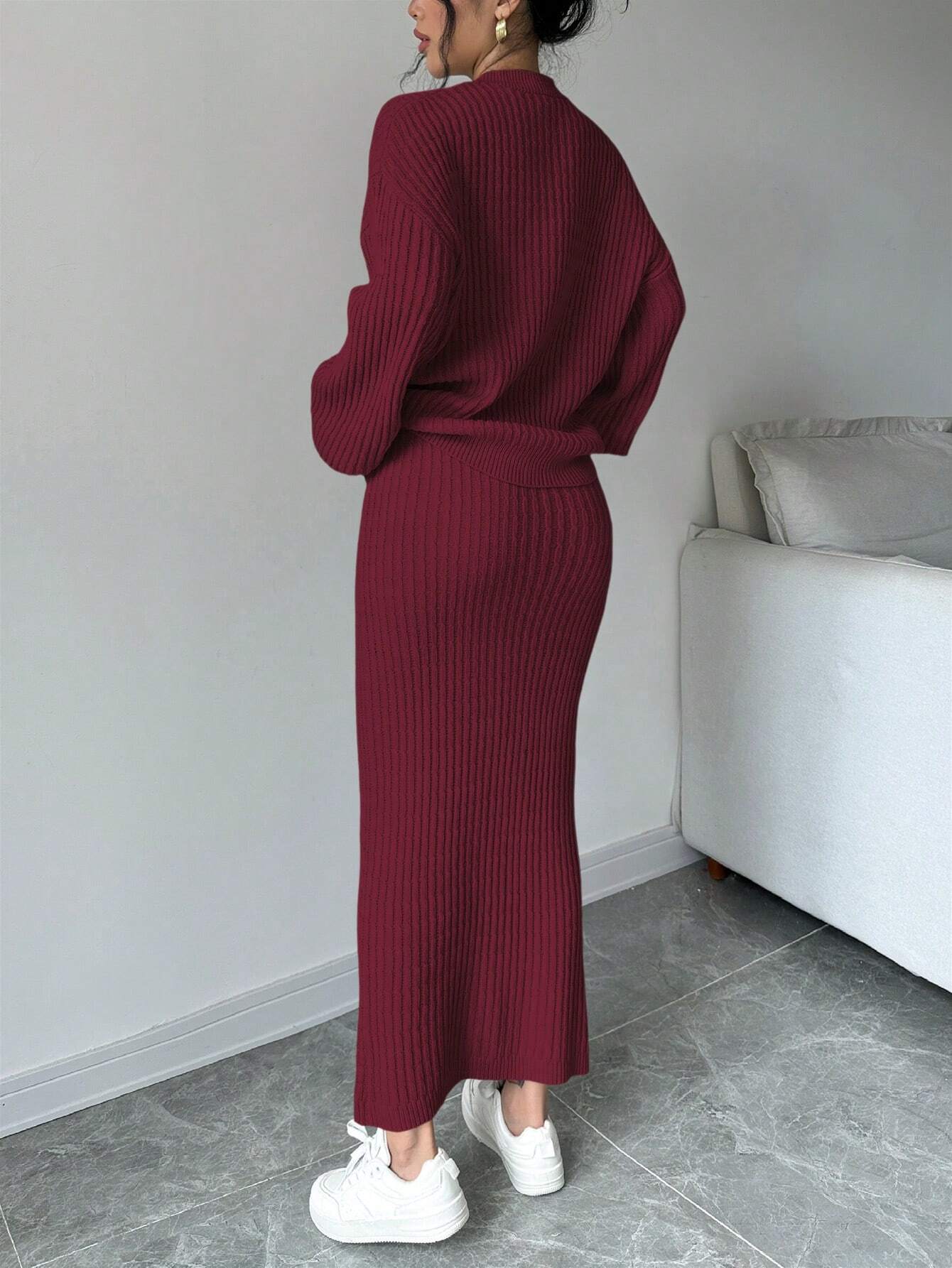 Plain Front Button Long Sleeve Casual Top And Skirt Set
