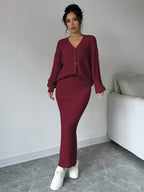 Plain Front Button Long Sleeve Casual Top And Skirt Set