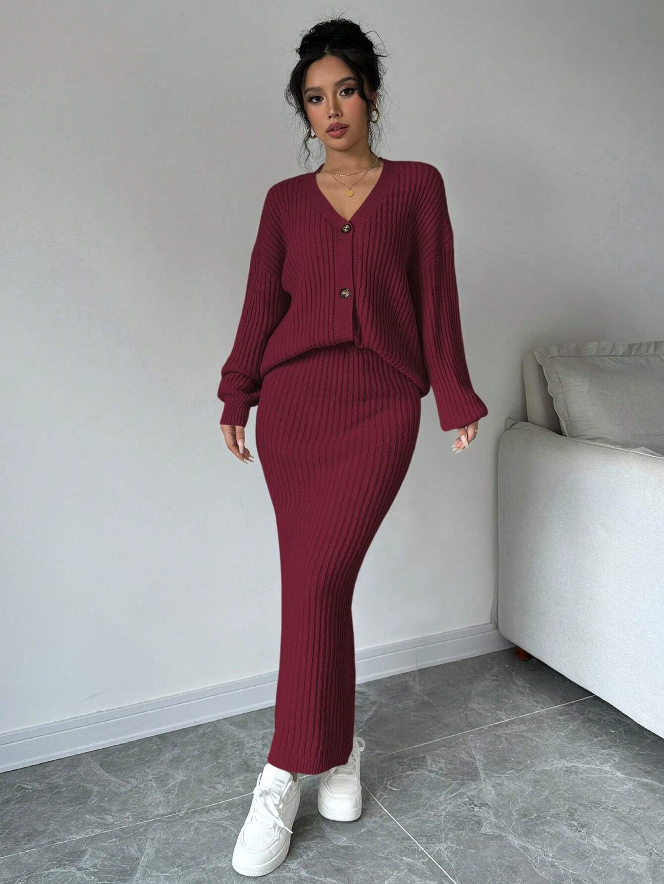 Plain Front Button Long Sleeve Casual Top And Skirt Set