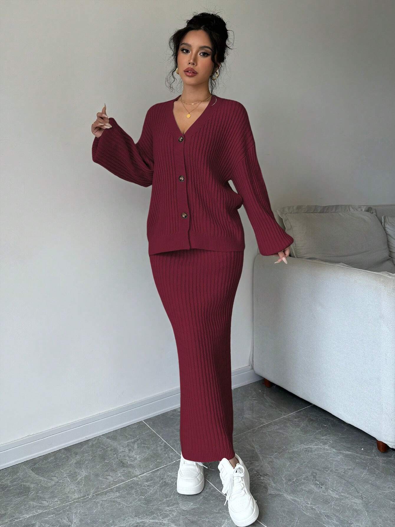 Plain Front Button Long Sleeve Casual Top And Skirt Set