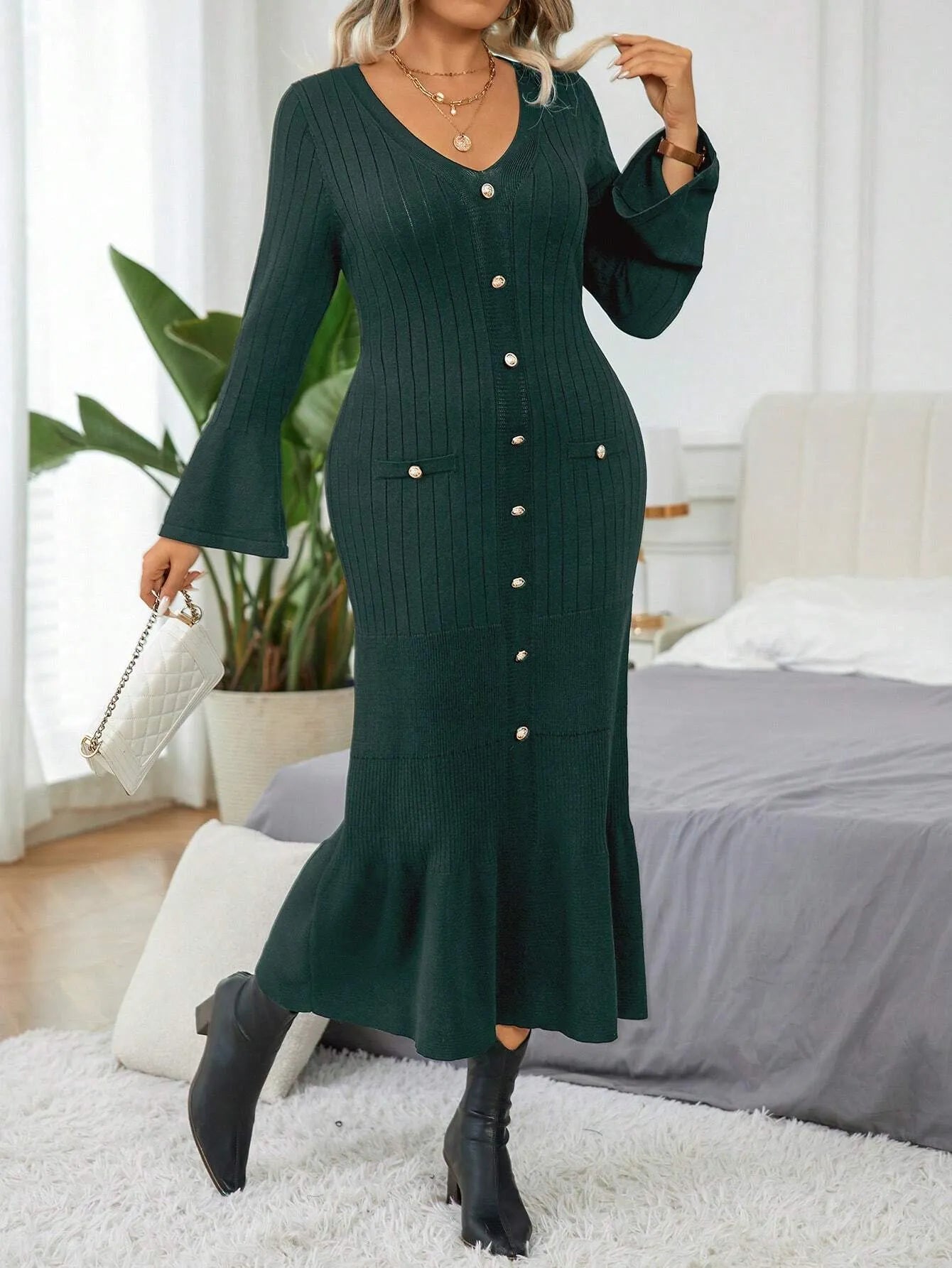 Elegant  Flare Sleeve Sweater Dress