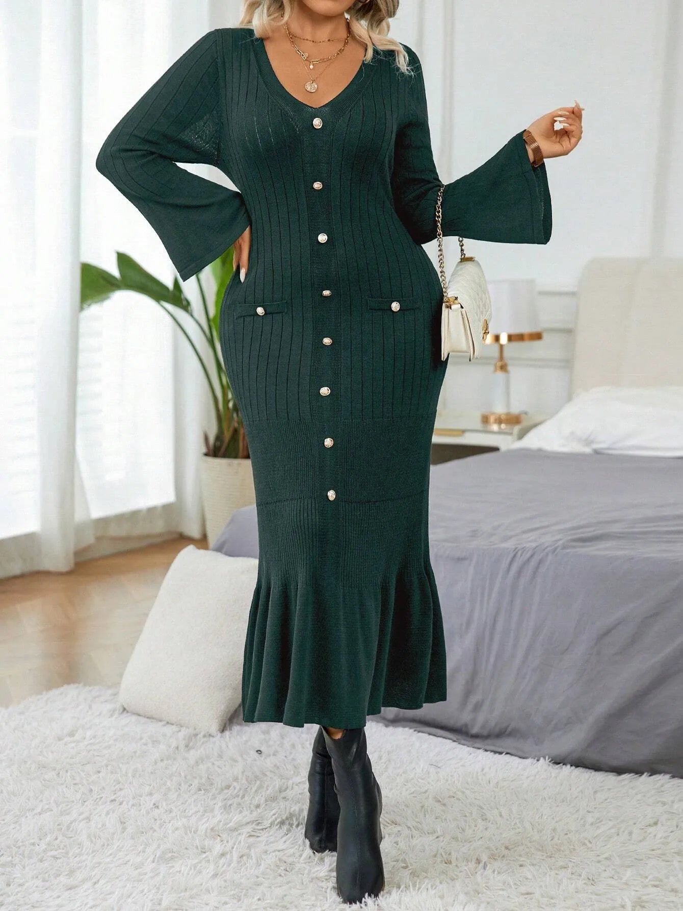 Elegant  Flare Sleeve Sweater Dress