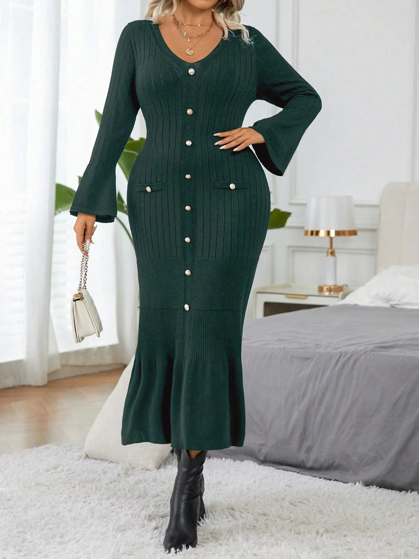 Elegant  Flare Sleeve Sweater Dress