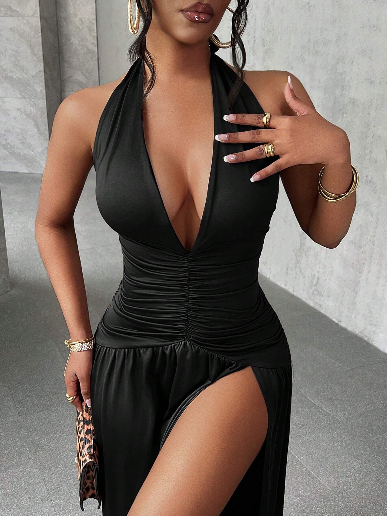 Minimalist Elegant Plunging V-Neck Backless High Slit Long Dress