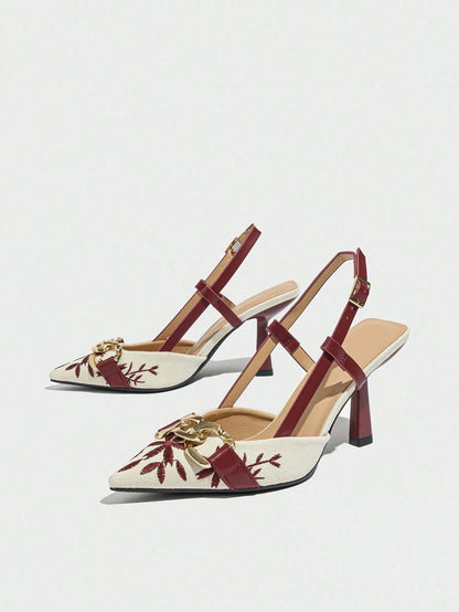 Elegant Embroidered Chain Pointed Toe Slip-On High Heel Sandals
