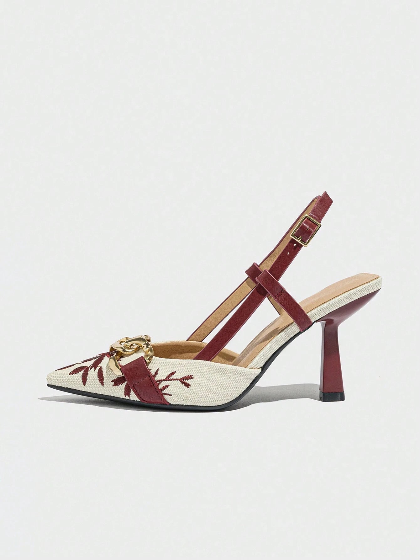 Elegant Embroidered Chain Pointed Toe Slip-On High Heel Sandals