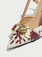 Elegant Embroidered Chain Pointed Toe Slip-On High Heel Sandals