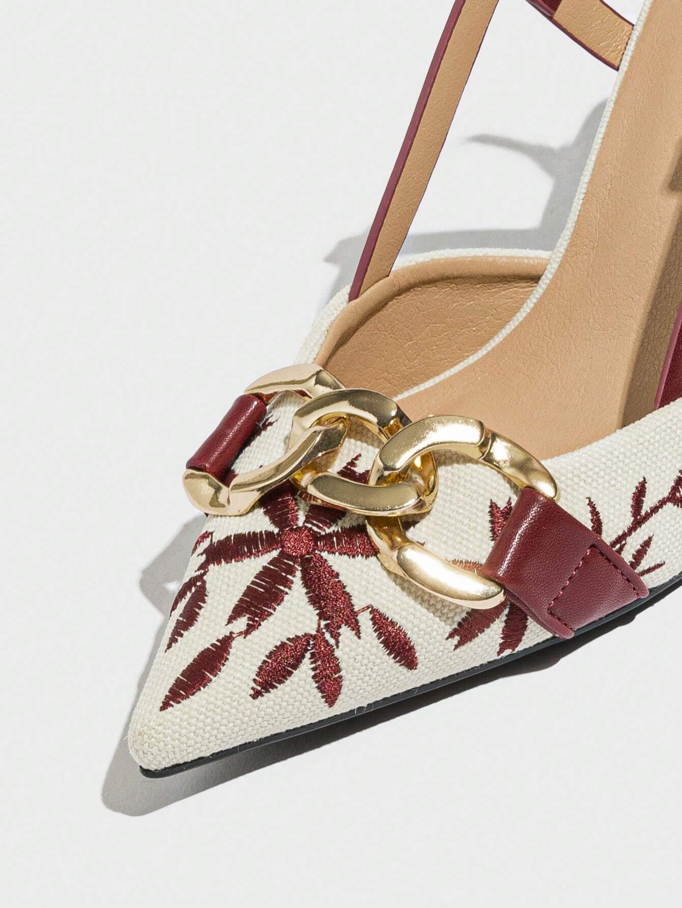 Elegant Embroidered Chain Pointed Toe Slip-On High Heel Sandals