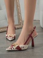 Elegant Embroidered Chain Pointed Toe Slip-On High Heel Sandals