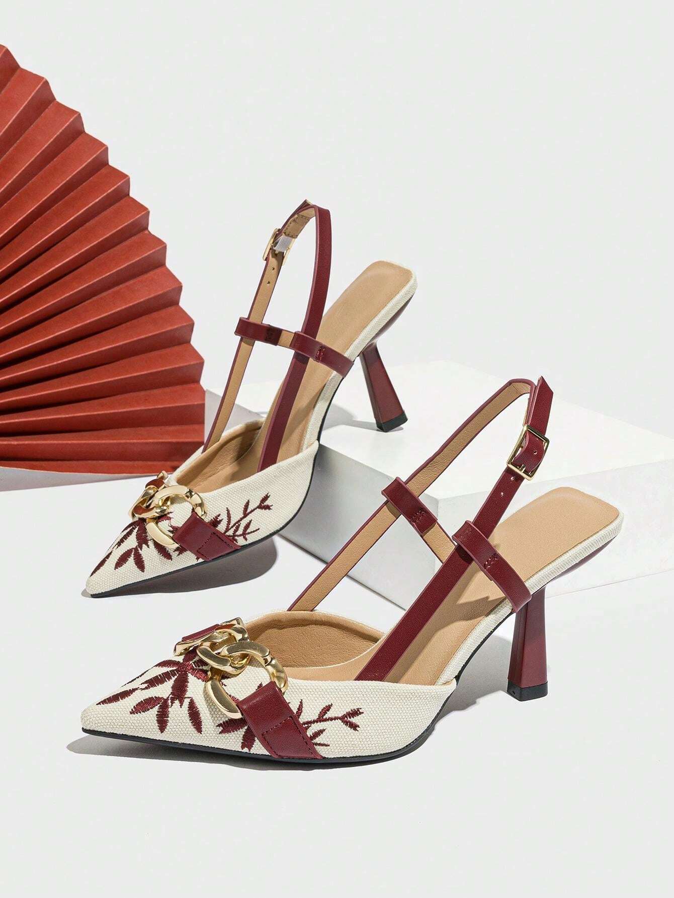 Elegant Embroidered Chain Pointed Toe Slip-On High Heel Sandals