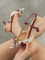 Elegant Embroidered Chain Pointed Toe Slip-On High Heel Sandals