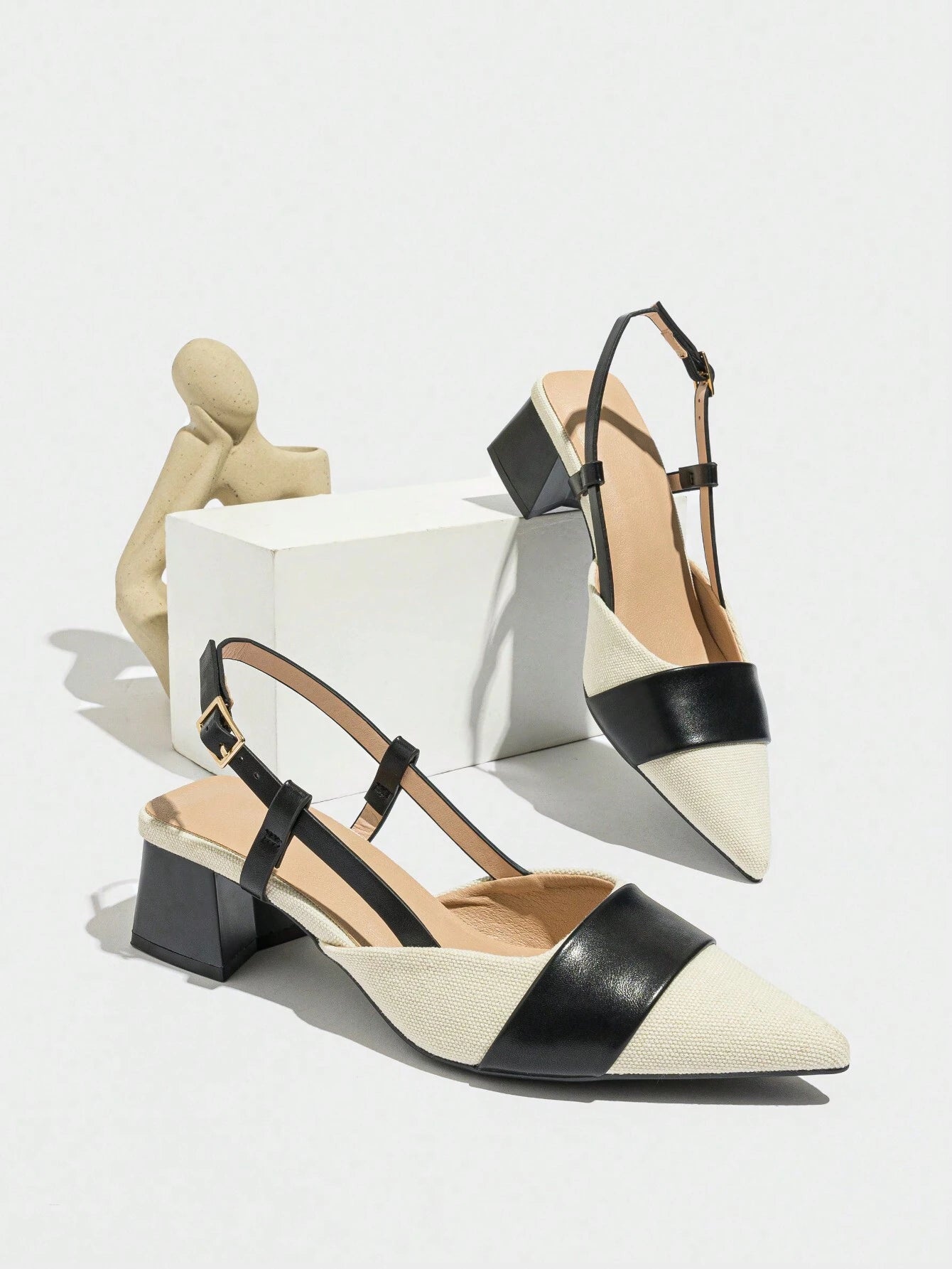 Pointed Closed Toe Two-Tone Thick Heel Pumps