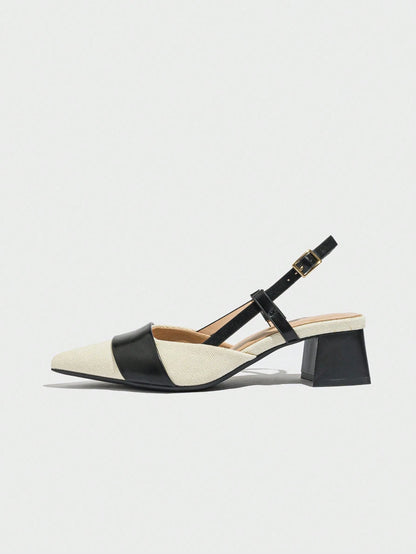 Pointed Closed Toe Two-Tone Thick Heel Pumps