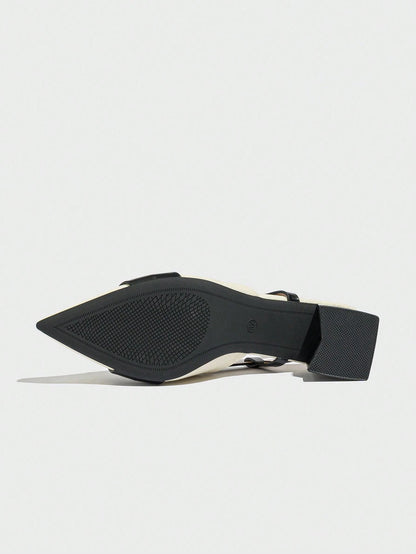 Pointed Closed Toe Two-Tone Thick Heel Pumps