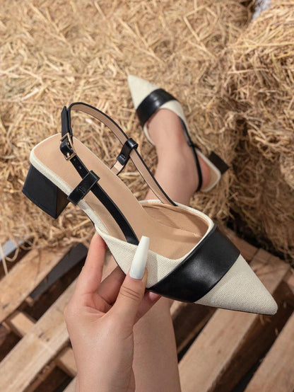 Pointed Closed Toe Two-Tone Thick Heel Pumps