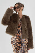 Woman wearing a brown fur coat over a leopard print dress on a white background